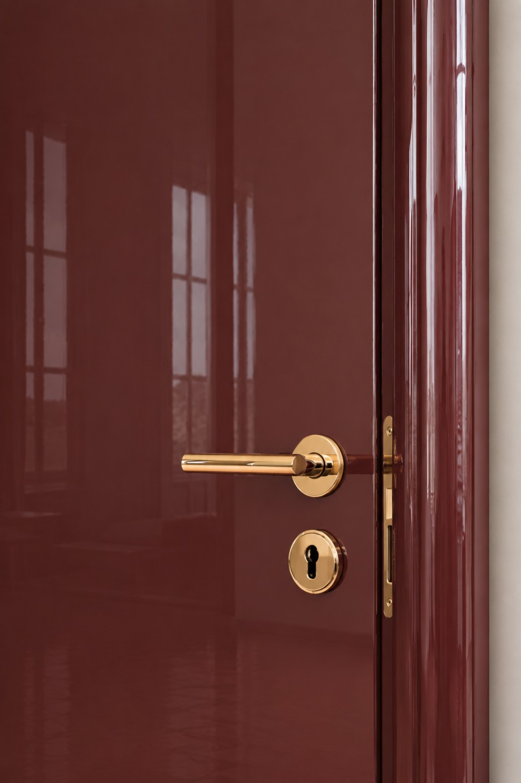 Close-up of burgundy piano-lacquer MDF Door Collection surface with polished gold handle, lock escutcheon and matching lacquered frame