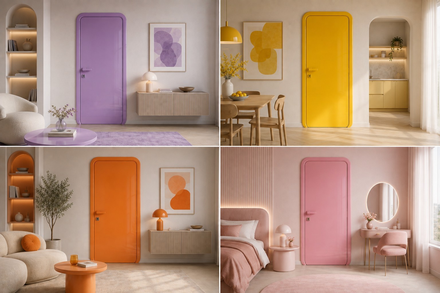 Lilac, yellow, orange and pink Doors Dublin Door Collection doors shown in coordinated interior colour schemes