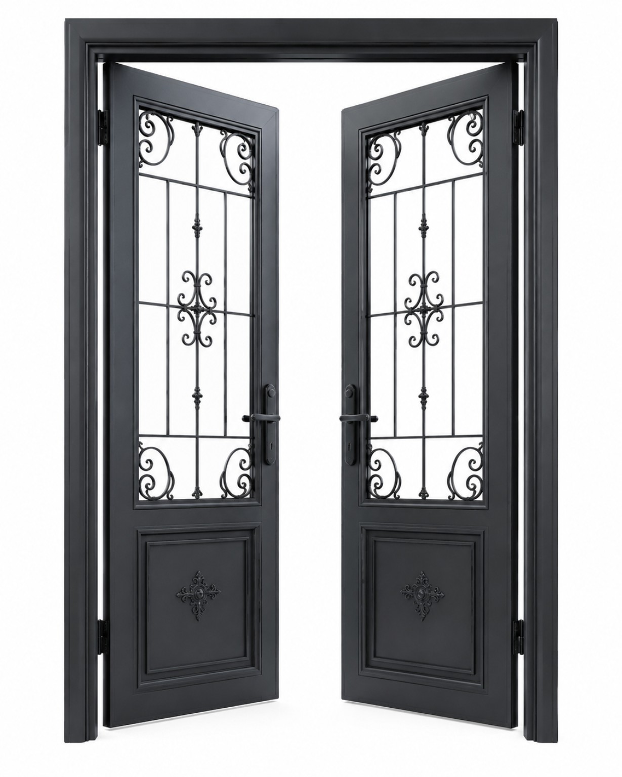 French Doors Dublin — custom black double doors with decorative glazed metal panels