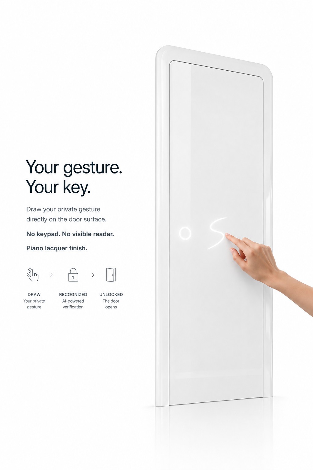 White piano-lacquer Smart Door demonstrating a private surface gesture used as an access command