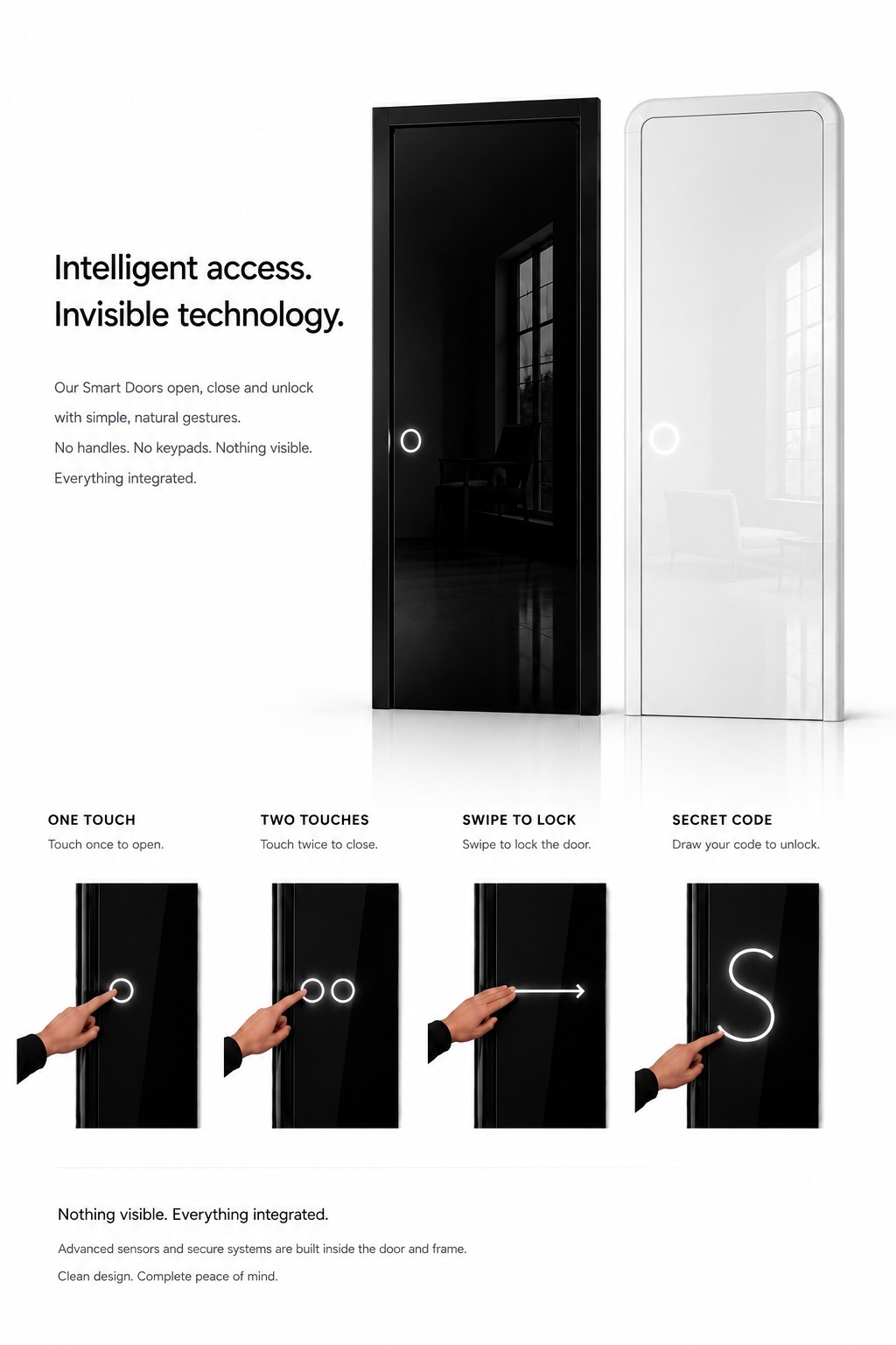 Black and white bespoke Smart Doors showing integrated touch and gesture access systems without visible handles or keypads