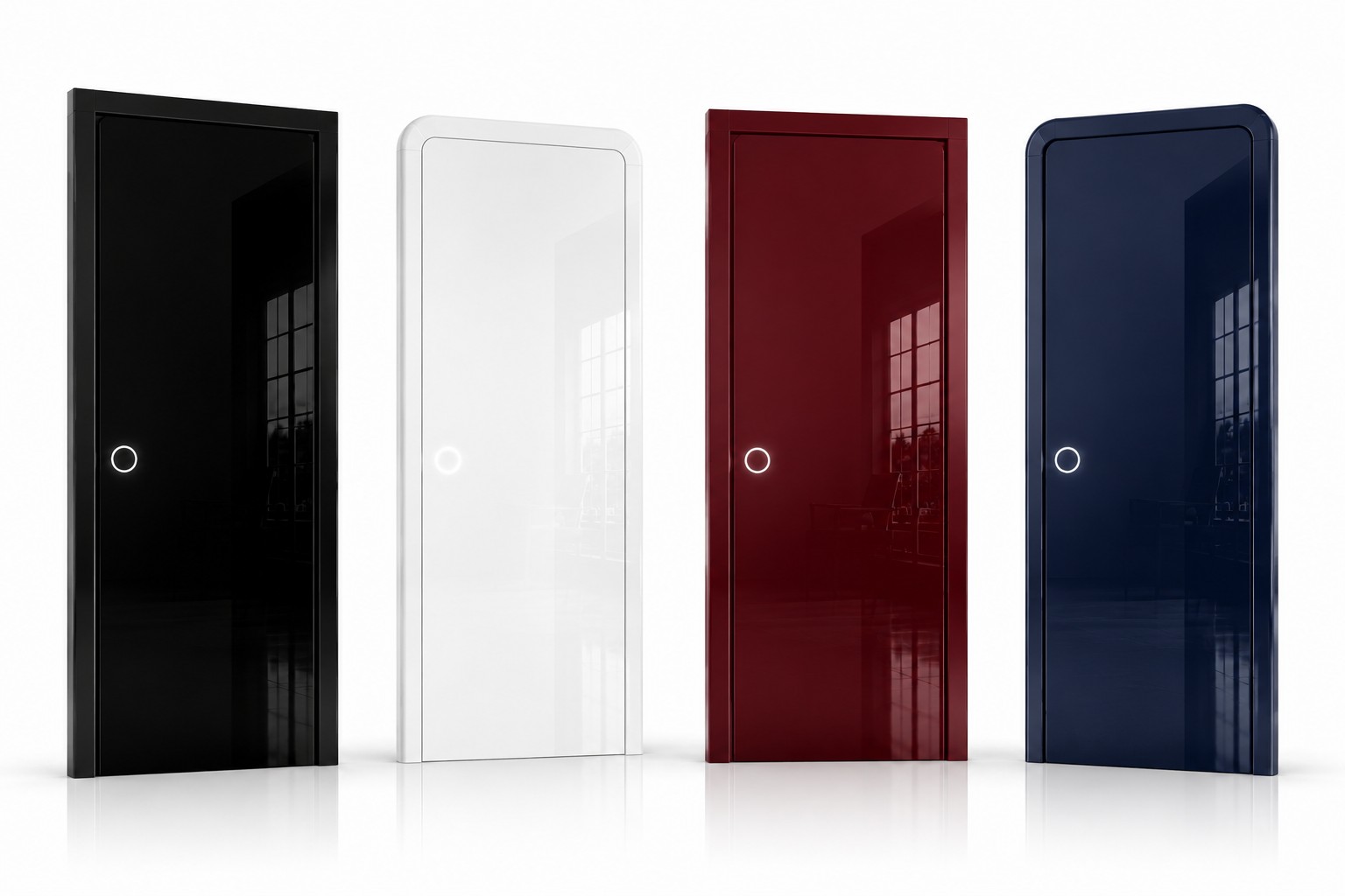 Black, white, burgundy and deep blue high-gloss Smart Doors with square and rounded frame profiles